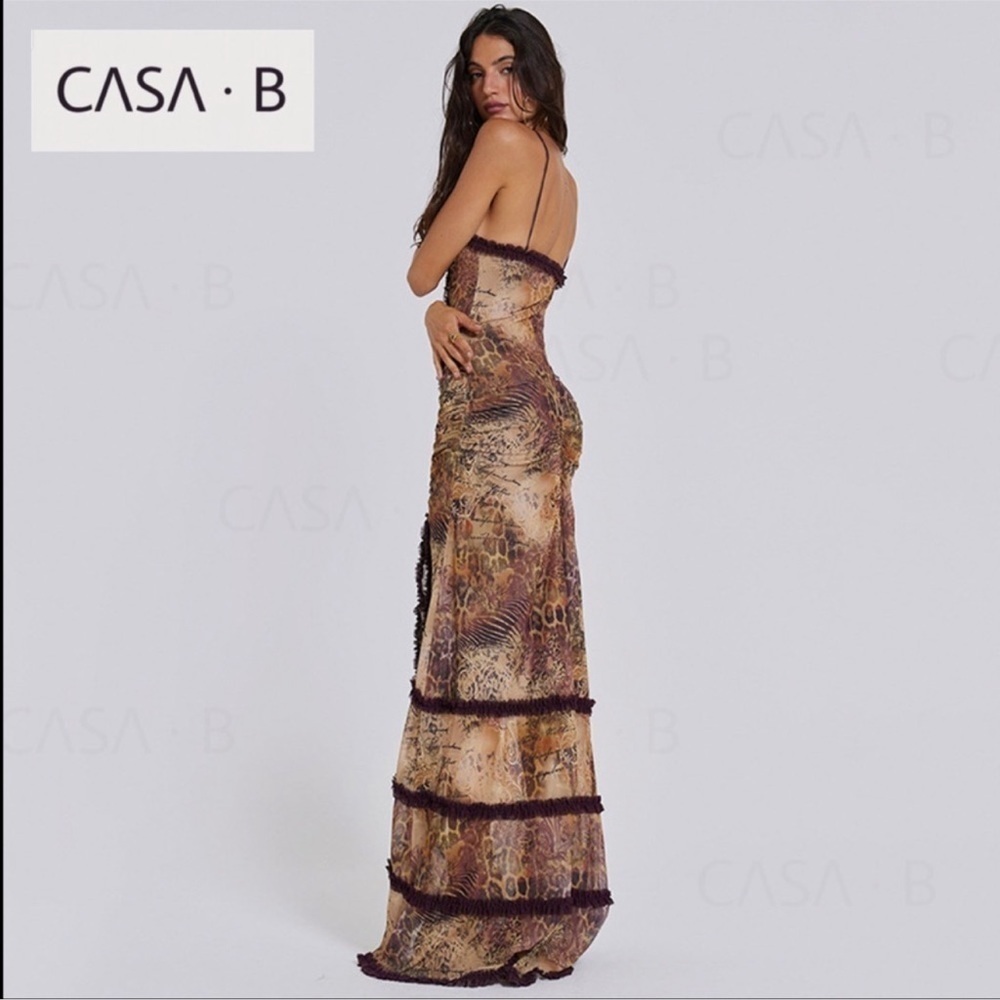 NEW to CASA B💫Seraphina Sheer Cut-Out Frill Leopard Script Print Maxi dress - Picture 12 of 16
